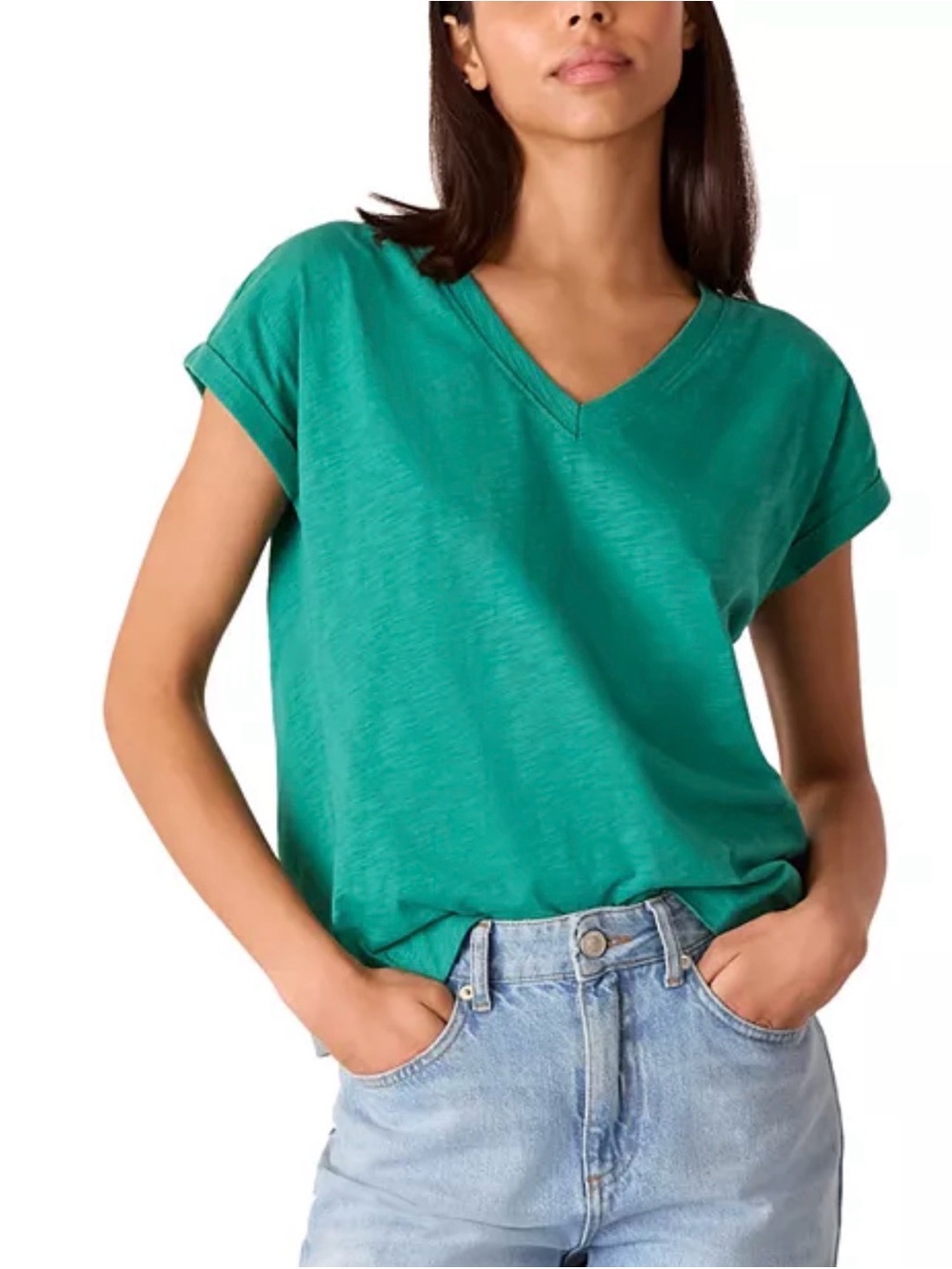 Lucy & Laurel Teal V‑Neck Cap Sleeve Tee in Emerald Size L